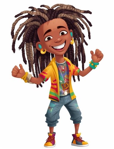 cute cool smiling black boy with wild colorful dreadlocks, dancing, chibi style, jewelry, hip hop clothing, hands in pocket, clipart, whole body, white background,