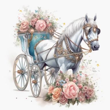 Illustration on solid white background of a horse-drawn carriage, elegantly decorated with pastel-colored flowers and ribbons. The carriage is waiting to whisk the newlyweds away on their special day. The composition of the clipart is romantic and regal, with soft shading and gentle colors enhancing the fairy tale atmosphere award winning