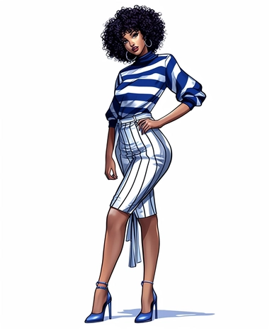 vector clipart, cartoon beautiful black woman wearing fashion nova clothing in royal blue and white, short cut curly hair, wearing a trendy outfit, clear and crisp, plus size, gorgeous face, full body, heels, detailed, white background, happy, digital illustration, character drawn in thick smooth black lines, procreate