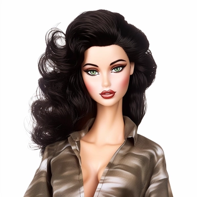 Beautiful pretty barbie doll 80's style, dark hair, paint art style, detail, clipart, white background, superrealistic, one of a kind