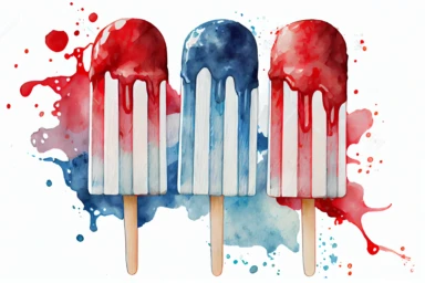 Red, white and blue patriotic popsicle on wooden stick. Hand drawn water color drawing on white, isolated clip art element for design. Memorial Day, Flag Day, 4th of July, Labor Day sweet decoration, realistic,