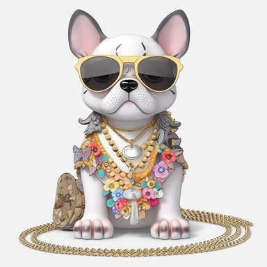 funny kawaii French Bulldog Puppy with Balenciaga sunglasses and cool necklaces,cute illustration, clipart, white backgound, Cuttable Design,full body French Bulldog head using light neutral muted colors, feathers, boho style background, watercolor drawing, incorporating elements like feathers, dreamcatchers, or floral patterns, UHD