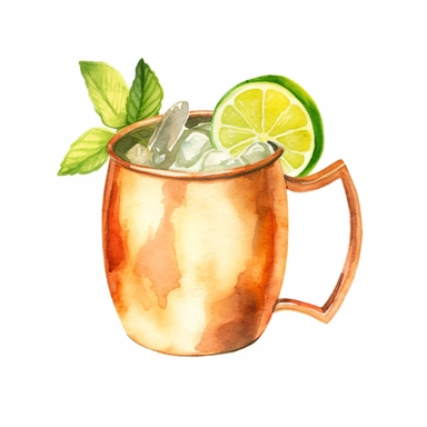 Moscow Mule: A zesty combination of vodka, ginger beer, and lime juice served in a copper mug. watercolor, clipart