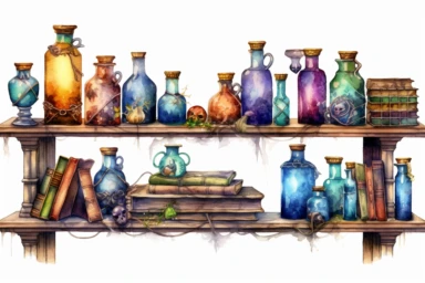 Create a watercolor clipart of a captivating magic elixir shelf with shelves adorned with mystical symbols, featuring an assortment of elixirs in bottles, carefully arranged on a magical floating table, surrounded by spellbooks filled with ancient knowledge, viewed from a slightly tilted perspective, hd, spaced out, on a white background