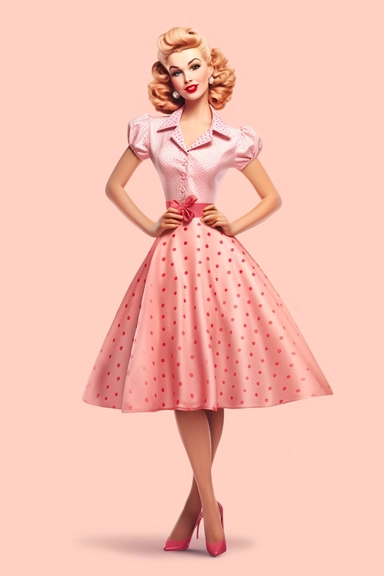 full body shot of a posing housewife against white background, in the style of vintage-inspired pin-ups, realistic figures, polka dot madness, pink and amber, against qhite background clipart png