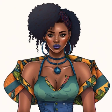 ultra realistic, hand drawn, clipart, The woman you're describing has a bold and confident sense of style. She's wearing a pair of torn denim jeans that fit her perfectly and add a touch of edge to her outfit. Her off-the-shoulder African print halter top is colorful and vibrant, with a bold pattern that draws attention to her shoulders and neckline. The halter top is designed to accentuate her figure, and she wears it with confidence and ease. To complete her outfit, she's chosen a pair of high