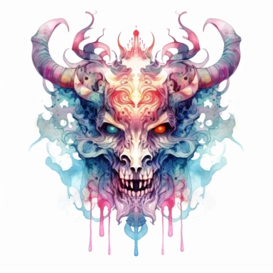 Solid white background, Detailed watercolor/alcohol ink symetrical magical demonic-amulet clipart. Isolated image. high key and with vivid colors