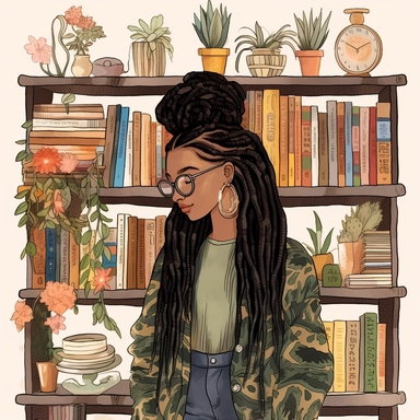 illustration of black woman, with an dreadlocks, and bookshelves, boho modern aesthetic, cottagecore, avacadopunk, florals, pastel and gold tones, flawless line work, low detail, clipart, white background