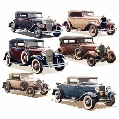 cliparts showcasing vintage cars from different decades, such as the 1920s, 1930s, or 1940s. Include classic models like the Ford Model T, Chevrolet Bel Air, Volkswagen Beetle, or Rolls-Royce Phantom.