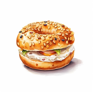 realistic bagel with cream cheese watercolor clipart on white background
