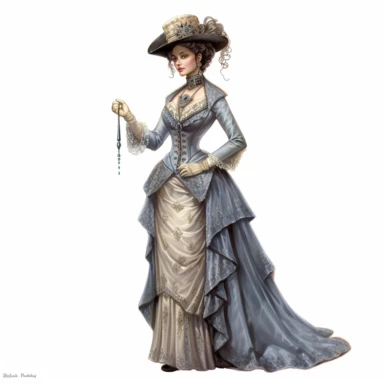A Victorian lady in a victorian outfit. Her poised expression and magnetic gaze draw you into her world of Victorian splendor. Against a white background, the intricate details of her attire, including the flowing silhouette and intricate drapery, are depicted with exceptional detail and lifelike realism. Clipart, watercolor, white background, intricate detail, unreal engine cinematic smooth