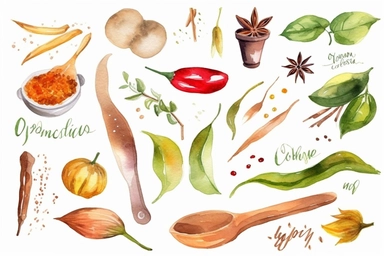 Spices Watercolor. Set. Illustration for clipart. Designed for menus, culinary blogs, packaging, textiles, web design, sites, stickers, invitations, patterns, logos. Drawn by hand.