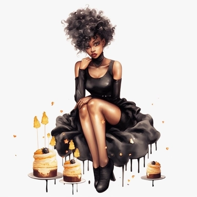 birthday black girl wearing black dress full body sitting with birthday cake, fantasy clipart, on white background, hd, watercolor art