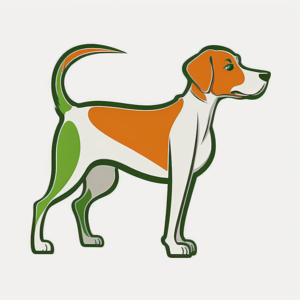 an alert dog with a stiff upper tail , cartoon style, simple vector clipart, white background, white orange green pink