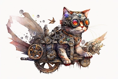 watercolor clipart, A beautiful cute steampunk cat made entirely of metal gears, cogs, and clockwork mechanisms, with glowing red eyes, ready to take flight on a steam-powered plane, hd, on white background,