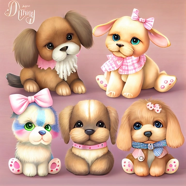 walt disney style, sweet cheerful pets with bows, soft toy look, clipart set