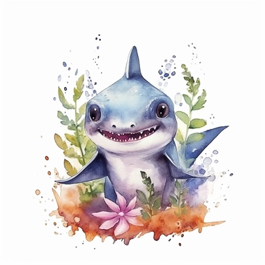 cutest little nursery shark with big eyes, full body, pen and ink with watercolor, seaweed, jelly fish, little fish, pearlescent horn, sparkles, glittery, clipart sheet, nurseycore