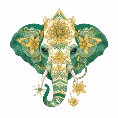 Flat illustration, Delicate embroidery depicts the head of traditional Chinese elephant head dance, with green and gold as the main colors, bright lighting, unimaginable details, a lot of negative white space, uhd, 16k,white background, clipart