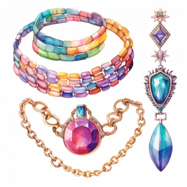 Disco jewelry necklaces and bracelets, watercolor sketch clipart isolated on white background -