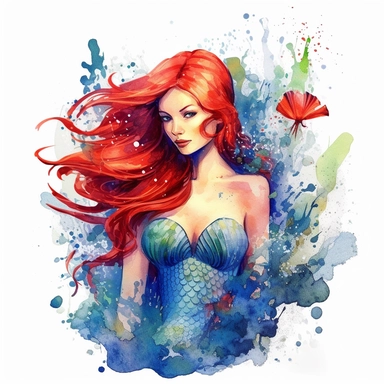 over realistic beautiful red haired mermaid woman with beautiful bright mermaid tail in the sea with watercolor effect,realistic face,detailed scene,sea plants,coral and mussel,underwater details,random colorfull fishes,blue color,fade colors,suitable for digital clipart,white background no physical deformation , realistic features,full body,fantasy scene