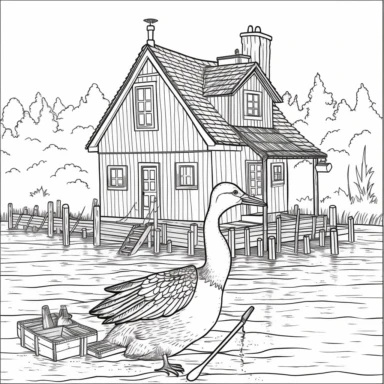 Draw a clipart-style illustration in black and white with simple outlines and bold lines of a cormorant bird fishing, with the text Remember not to disturb its home! Make sure to leave some space for children to color. Add a simple and linear background that fits the story and can be colored in black and white.