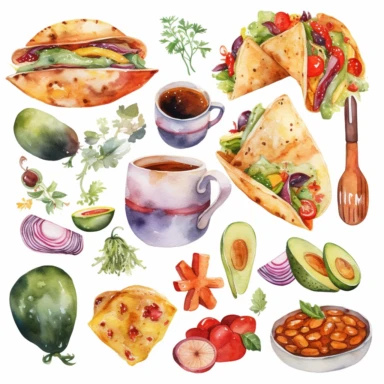 mexican food theme watercolor clipart white background