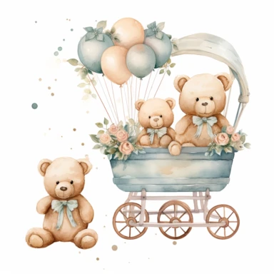 clipart, cute, boho, simple, clean, pastel color baby trolley with vintage bears inside