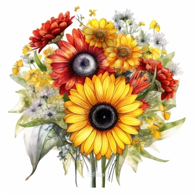 Sunflower and gerbera daisy bouquet for a bold statement, irises, and anemones, Watercolor Clipart, watercolor painting illustrations, childlike illustrations, hyperrealistic fauna, misty atmosphere, high quality, HD, white background