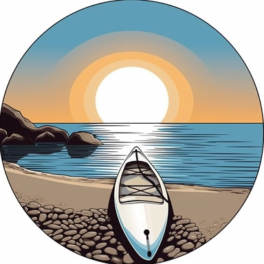 clipart scene of a realistic kayak on shore of beach, white clean edged circular background, clean lines and edges