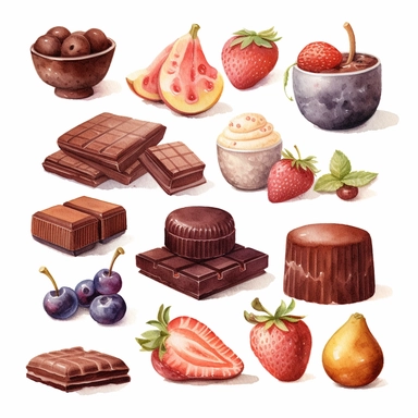 watercolor style, chocolate and fruit dessert variations, hyper realistic detailed clipart, on a white background