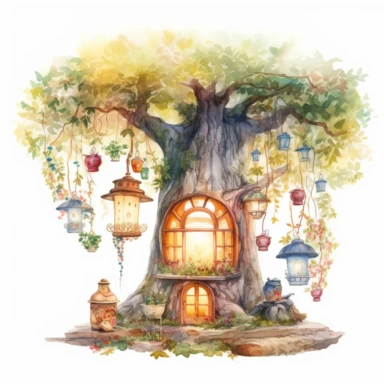 high level watercolor, hyper realistic, white background with margins, 8k, ultra detailed clipart, A cozy hollowed-out tree trunk converted into a whimsical tea room, lit by the warm glow of lanterns and adorned with forest flowers and vines, fairy, cool, lime color