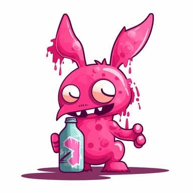2d pink bubblegum drunk rabbit monster mutant on white background drawing in microsoft paint , no shadow, flat picture, clipart