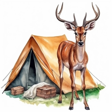 isolated illustration on a white background, a hyper realistic brown dear next to a camping tent rich green and beige warm colors , Clipart, watercolor realistic and highly detailed, natural realistic warm colors