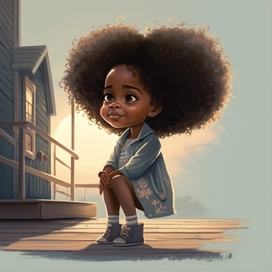 pixar illustration of Harper sitting down at a dock in Sag Harbor town , An illustration of fiver year old light skin happy black girl with curly afro, siiting at the dock in sag harbor ,sittin looking out onto the harbor , whale wacthing ,from the community's stunning Sunset Beach, east hampton , summer vaction, beach town , summer days , muted tones , shy warm heart , pixar , hyper detailed , smooth skin realistic animated — Happy Black Girl Smiling art,black girlsclipart, Funny black girl , C