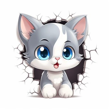 clipart, cute kawaii gray and white kitten sticking his head out of a hole in the wall, isolated on a white background, cartoon style, chibi style, vector, 3D, no shadows