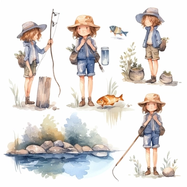 Watercolor boho fishing near a beautiful stream, illustrations clipart set, simple, soft colors, cartoon elements, different variants, cute little boy and girl fishing, separate elements with a margin