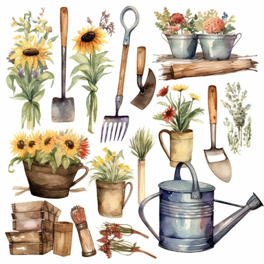 watercolor garden tools,Country farm gardening,Farmhouse decor clipart,vegetable,flower,Vintage rusty element. clip art