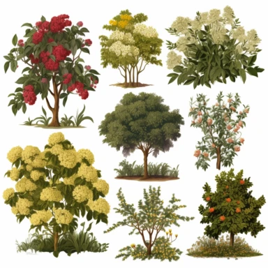 clipart set of garden plants and trees, classical oil painting style