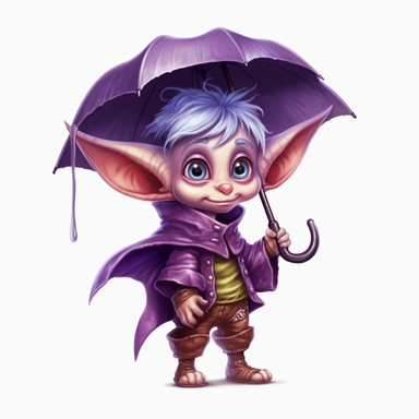 Cute Adorable magical little Elf with big pointed ears holds a umbrella in his hand wears a raincape and stand in the rain on a country road, clipart, photorealistic illustration, watercolor, high detail, 8k polished, 8k, vibrant colors, sticker, majestic, die cut, black and purple color, white background