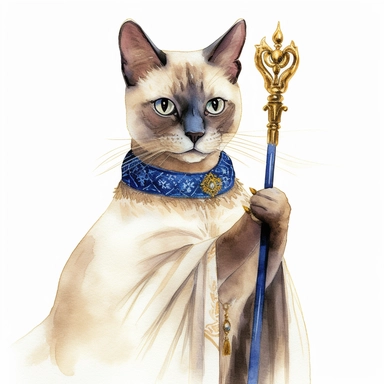 A clipart of a Siamese cat wearing a golden crown and a blue tunic, holding a scepter as a prince, watercolor style, realistic, bright colors, 300 dpi, 8k, white and clear background