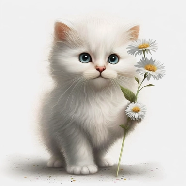 a cute small white cat holding beautiful flower clipart 300 dpi white background