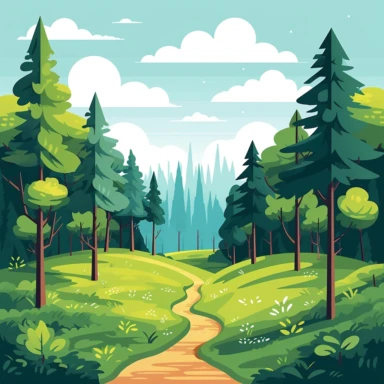 cartoon, childrens book illustration, clip art, simplistic flat art vector image of a forest landscape, an open area surrounded by trees