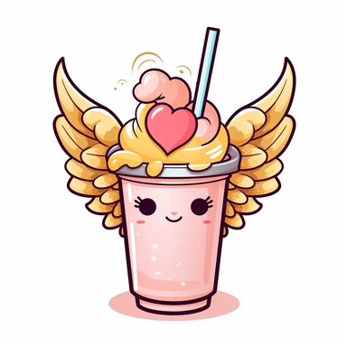 Clipart, white background: Design a cheerful kawaii boba tea cup with angel wings, a halo, and a heart-shaped straw, radiating sweetness and joy.