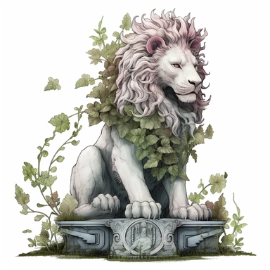 vintage, lion stone statue with vines wrapped around, flowers. moss clings to, illustration clipart, high detailed, white background, digital art
