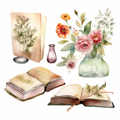 Clipart de libros vintage de acuarela. Lectura de imágenes prediseñadas. Ilustraciones de libros con flores. Literatura de estilo antiguo. Hand painted ilustration, watercolor graphic, white background