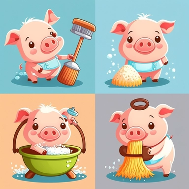 clipart of one cute pig doing 4 different daily chores
