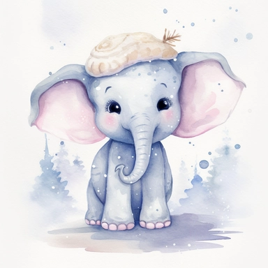 Cute elephant clipart ,happy expression, standing on the snow in dynamic pose, front side, in the style of watercolor cartoon clipart, kate greenaway style, high resolution, composition free space, pastel color scheme, soft and tender, watercolour clipart, watercolor illlustration for kids and children,isolated white background, clipart most popular on etsy, book illustration, featured on dribble,print on demand image, PNG tranparent background,composition medium shot, no text
