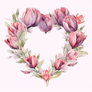 watercolor Tulips wedding wreath iv heart free editable flower png clipart, in the style of angela barrett, happy expressionism, jim dine, positive/negative space, vicente romero redondo, paper cut-outs, watercolorist