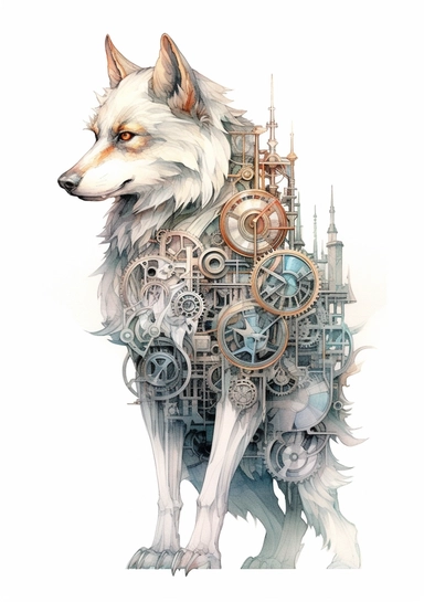 Steampunk Gray wolf clipart, realistic, Watercolor Retro Futuristic Victorian Era, art picture, full body, watercolor, multicolor, white background, lots of details, high quality - 8K,