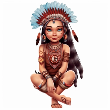 Cute Beautiful Native American Girl Is Sitting Sublimation Clipart,Cartoon,hyper realistic, intricate detail, illustration style,high solution,on the white background